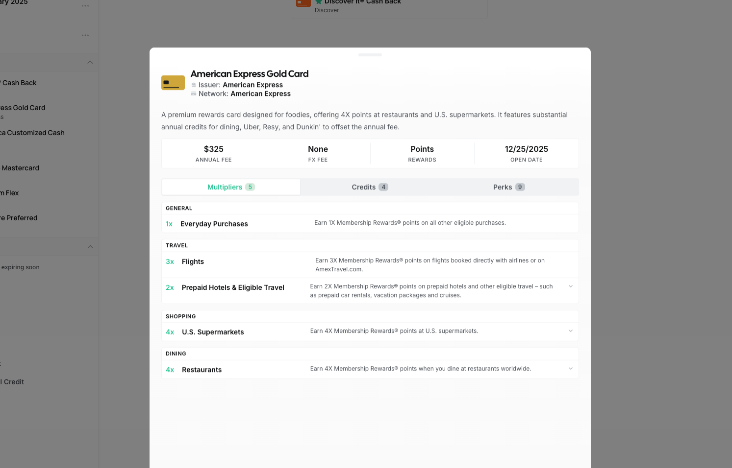 Card Manager admin dashboard showing American Express Gold Card details, multipliers, credits, and perks tabs