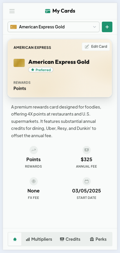 Cardzen My Cards overview for American Express Gold showing annual fee, rewards type, FX fee, and start date