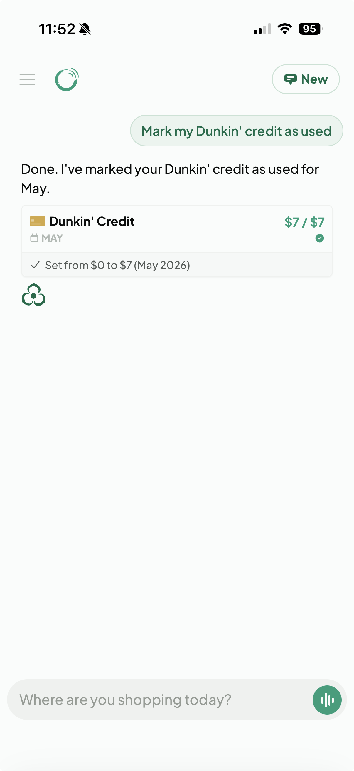 Cardzen chat marking a Dunkin credit as used, with a confirmation card showing the change from $0 to $7