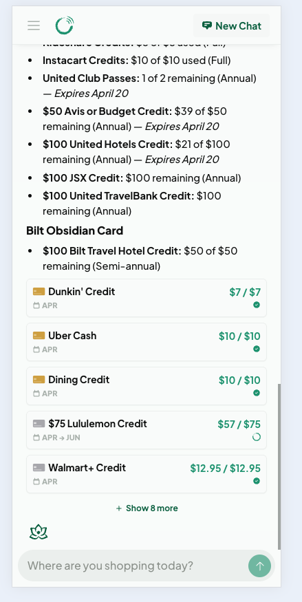Cardzen chat response listing credits with inline structured credit chips showing used and remaining amounts