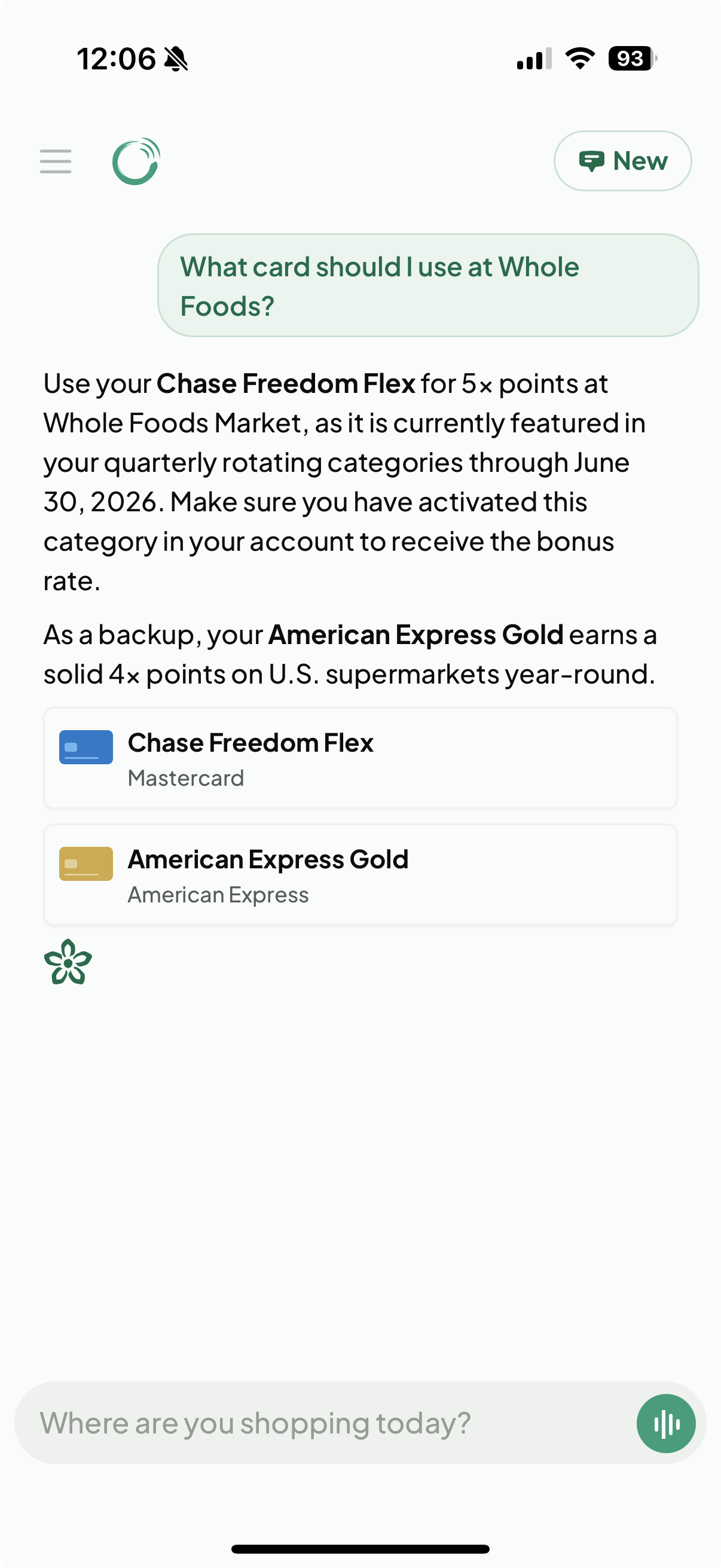 Cardzen chat recommending Chase Freedom Flex for 5x at Whole Foods with American Express Gold as a backup, with inline card components