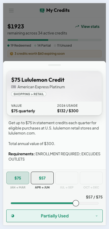 Cardzen credit detail sheet for a $75 Lululemon credit with quarter buttons and a usage slider set to $57 of $75