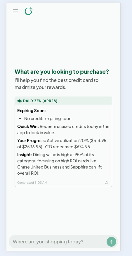 Cardzen home screen showing the Daily Zen briefing with expiring soon, quick win, your progress, and insight sections