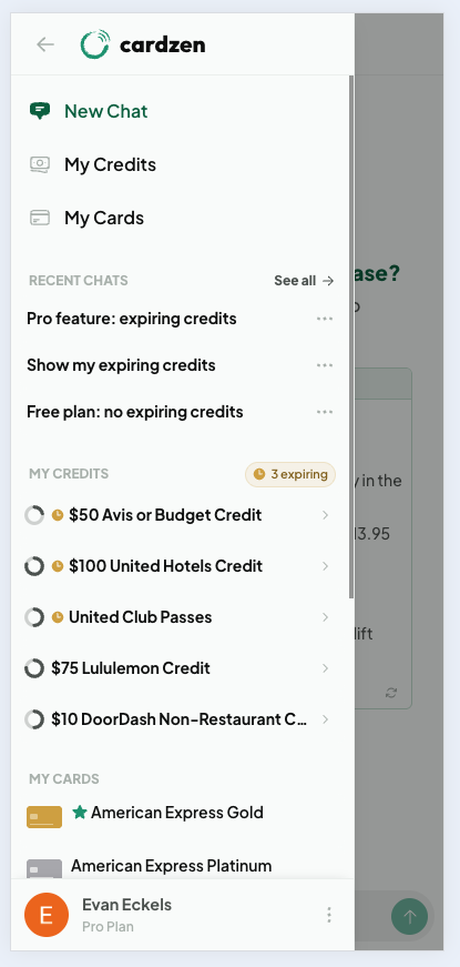 Cardzen mobile navigation drawer showing New Chat, My Credits, My Cards, recent chats, credit and card previews, and a Pro Plan account footer