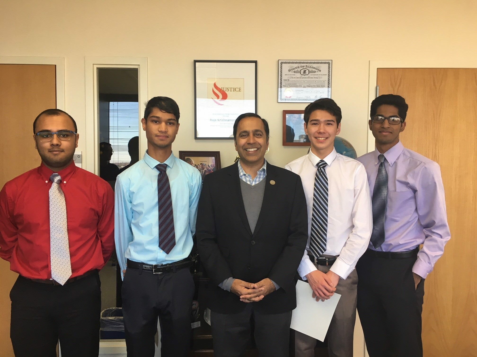 Left to right: Avi Saxena, Bhargav Yadavalli, Raja Krishnamoorthi, Evan Eckels, Rahul Gudivada