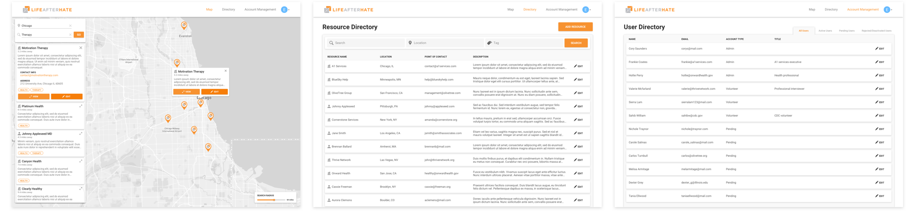 The main 3 screens of the LAH application