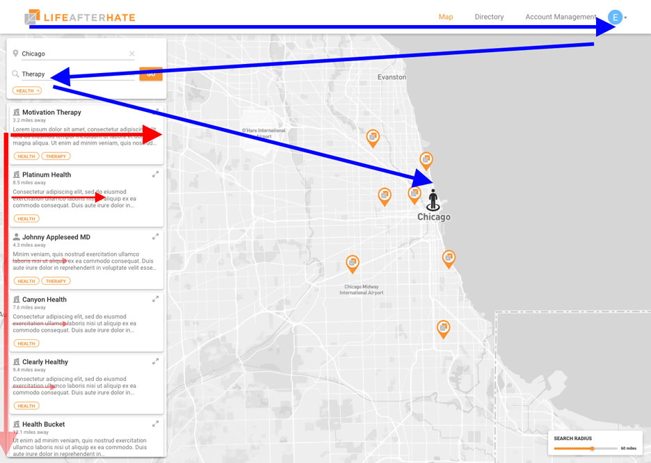 Z-pattern (blue arrows) and F-pattern (red arrows) on the LAH map search results