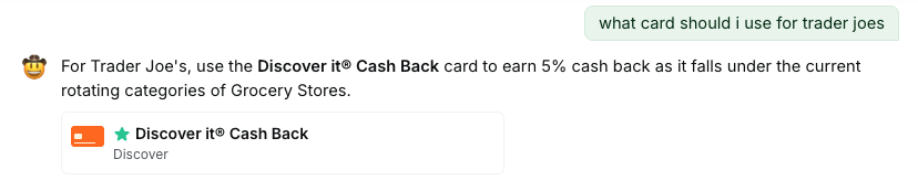 ReCard chat showing inline card component with Discover it Cash Back recommendation