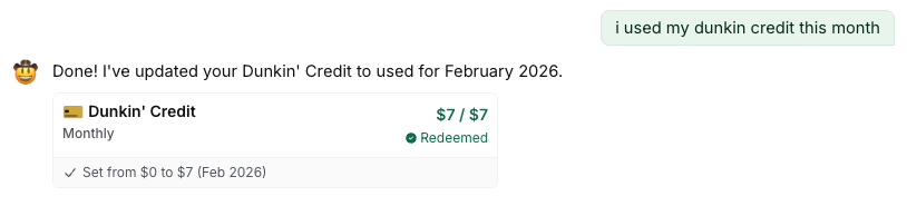 ReCard chat marking a Dunkin' credit as used with inline credit component showing redeemed status