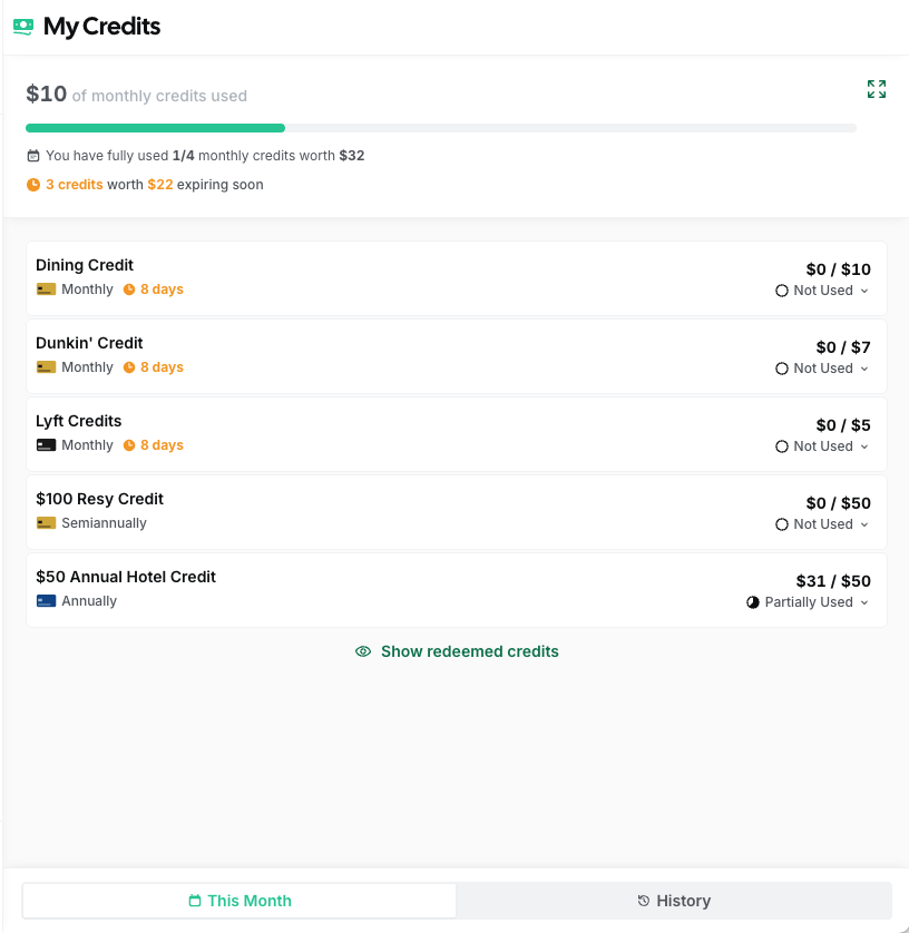 ReCard credits tracking page showing monthly credit status and expiration timers