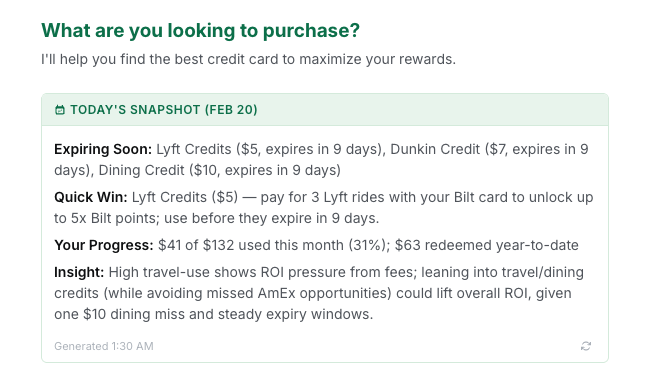 ReCard daily digest showing expiring credits, quick win, and monthly progress